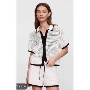 EUC GAP Factory COLLARED CROCHET Cardigan Sweater Off White Milk Black XL $60